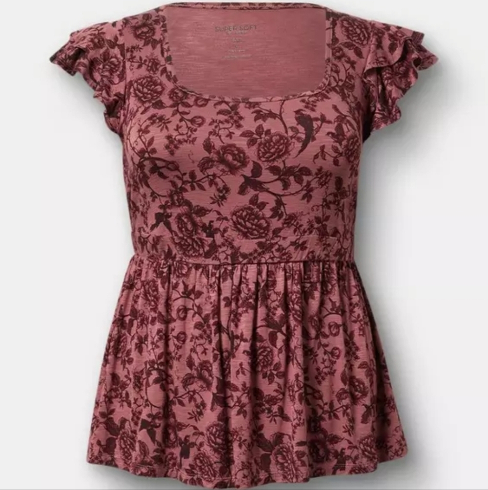 Torrid Babydoll Top Size 00 Blush Pink Floral Scoop Neck Flutter Sleeve